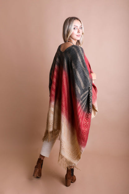 Leto Collection Western Serape Tassel Shawl in Red and Black Patterns for Stylish Layering