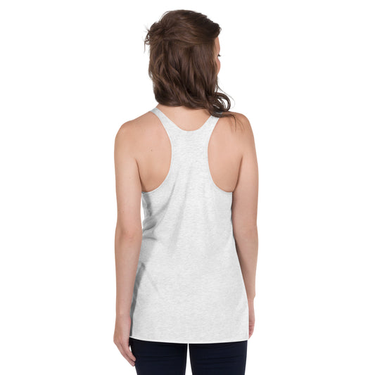 Back view of woman wearing light gray racerback Yoga Tank, Yoga Shirt, Yoga Apparel from Soul Flow Yoga Store