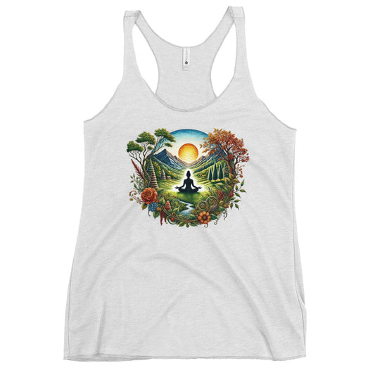 White racerback tank from Soul Flow Yoga Store Yoga Tank, Yoga Shirt, Yoga Apparel with meditating silhouette sunrise print