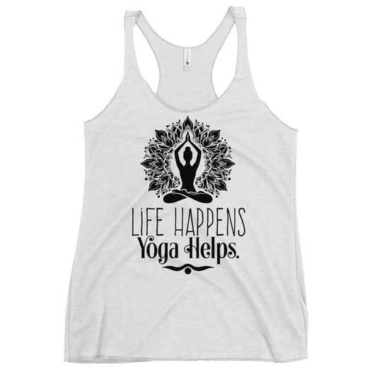 White racerback tank from Soul Flow Yoga Store Yoga Tank, Yoga Shirt, Yoga Apparel with black mandala and Life Happens Yoga Helps