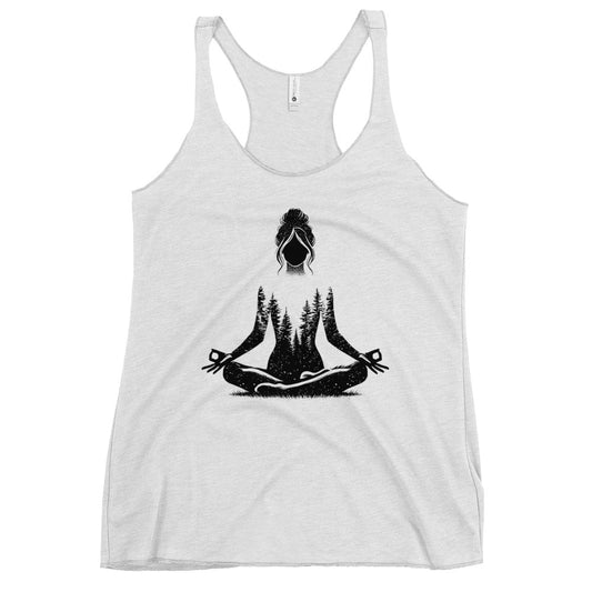 Soul Flow Yoga Store white racerback Yoga Tank with black meditating woman and forest silhouette graphic Yoga Shirt Yoga Apparel