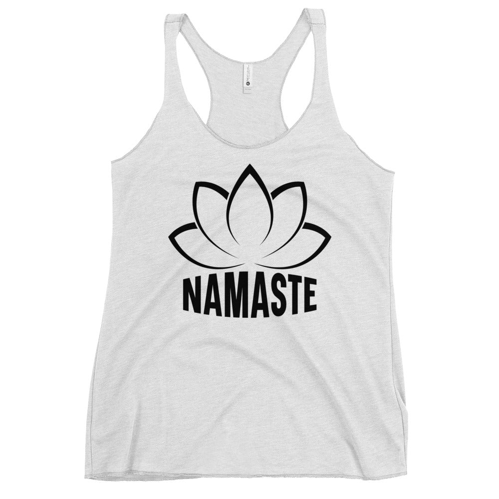 White racerback Yoga Tank, Yoga Shirt, Yoga Apparel from Soul Flow Yoga Store with black lotus and NAMASTE print