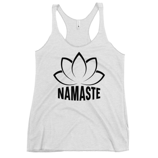 White racerback Yoga Tank, Yoga Shirt, Yoga Apparel from Soul Flow Yoga Store with black lotus and NAMASTE print