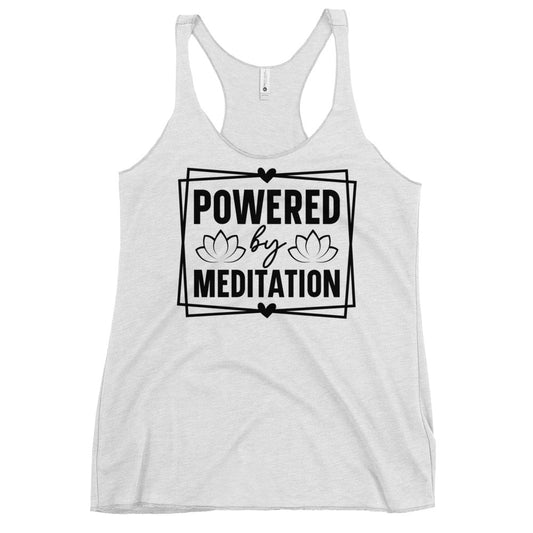Soul Flow white racerback tank with Powered by Meditation print and lotus graphic Yoga Tank, Yoga Shirt, Yoga Apparel