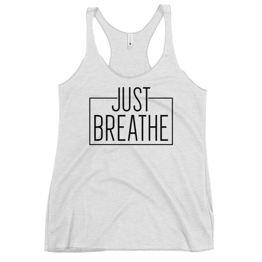 Light heather racerback tank with Just Breathe print, soft flowy fit for yoga practice Yoga Tank, Yoga Shirt, Yoga Apparel.