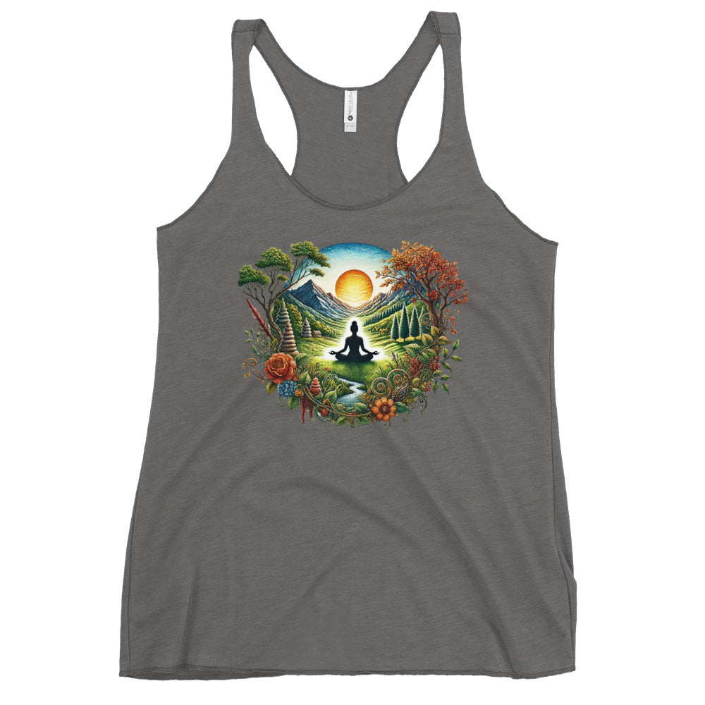 Gray racerback tank from Soul Flow Yoga Store with sunrise meditation nature print Yoga Tank, Yoga Shirt, Yoga Apparel