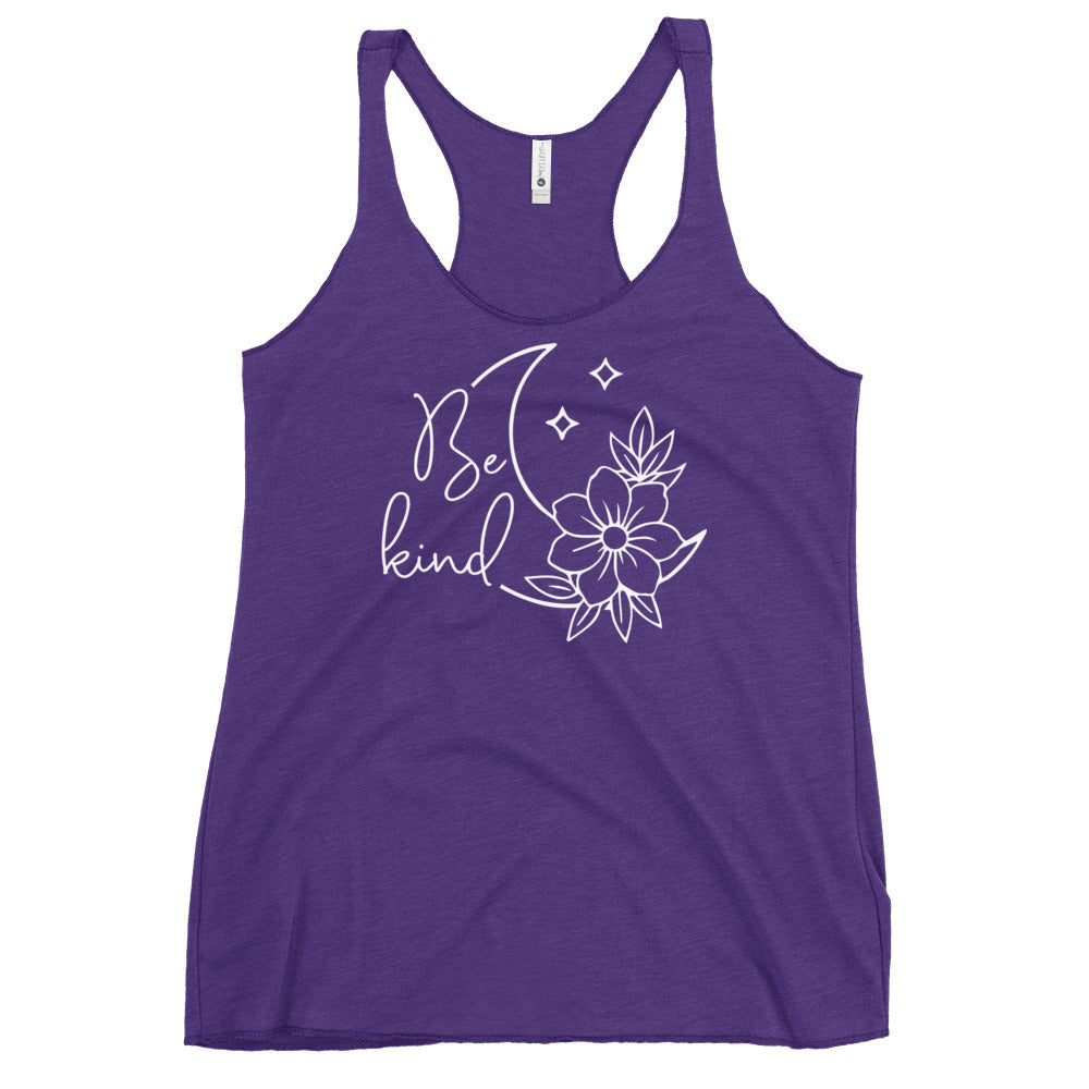 Soul Flow Yoga Store purple racerback tank with Be kind moon and flower graphic Yoga Tank, Yoga Shirt, Yoga Apparel