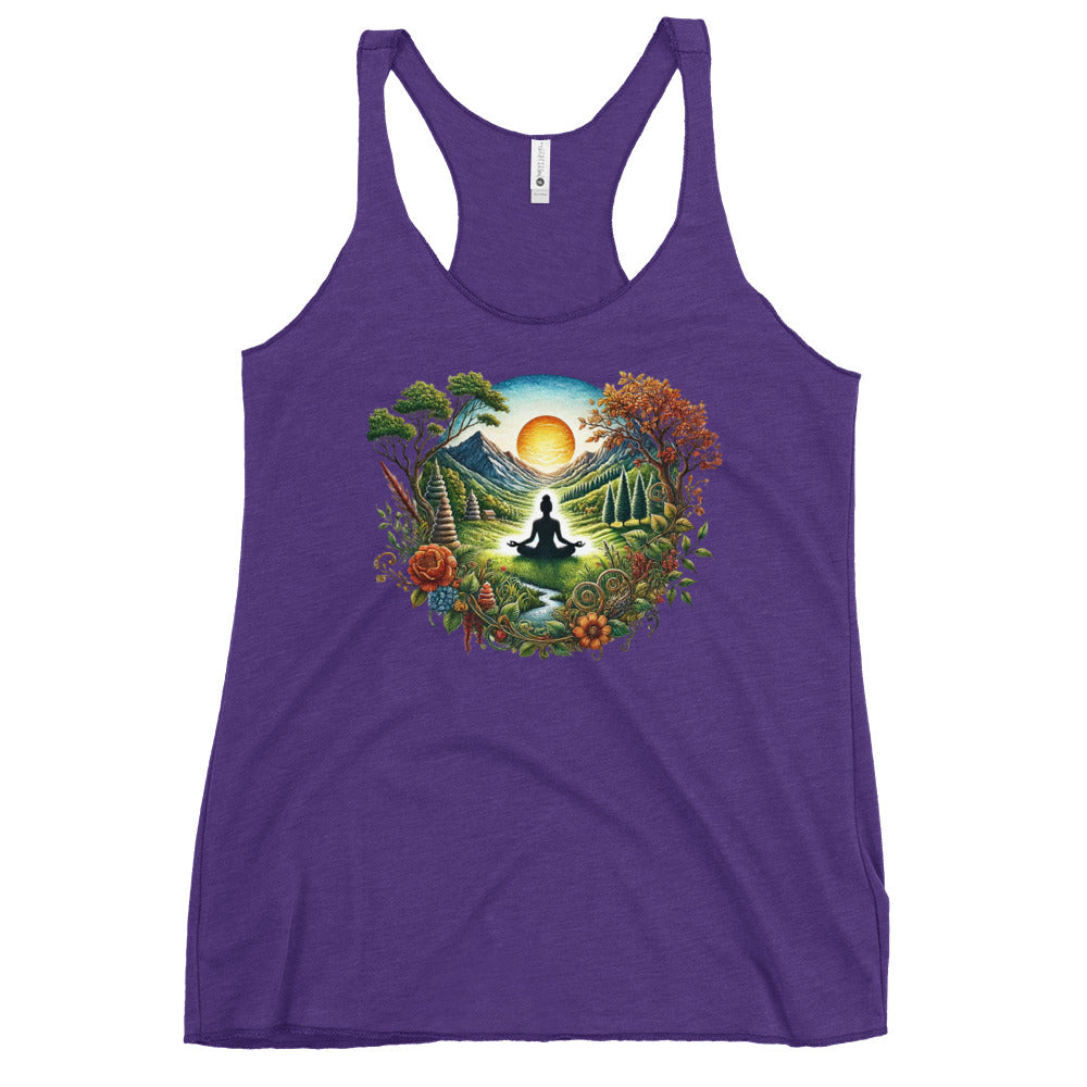 Purple racerback tank with sunrise meditation print, seated silhouette and floral wreath Yoga Tank, Yoga Shirt, Yoga Apparel