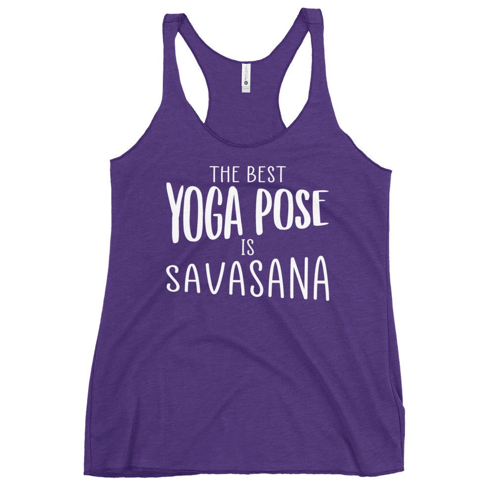 Purple racerback Yoga Tank, Yoga Shirt, Yoga Apparel with white printed slogan The best yoga pose is savasana