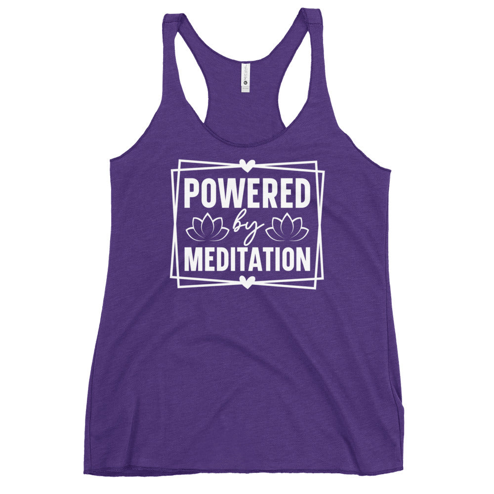 Purple racerback tank with white Powered by Meditation print and lotus motif Yoga Tank, Yoga Shirt, Yoga Apparel