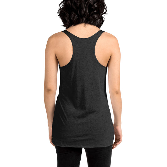 Back view of woman wearing charcoal racerback Yoga Tank, Yoga Shirt, Yoga Apparel from Soul Flow Yoga Store for studio practice