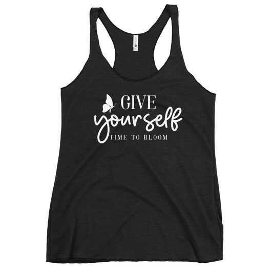 Black racerback tank with Give Yourself Time to Bloom print and butterfly motif Yoga Tank, Yoga Shirt, Yoga Apparel