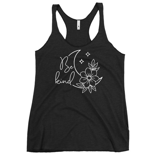 Black racerback tank with white Be kind moon and flower graphic from Soul Flow Yoga Store Yoga Tank, Yoga Shirt, Yoga Apparel