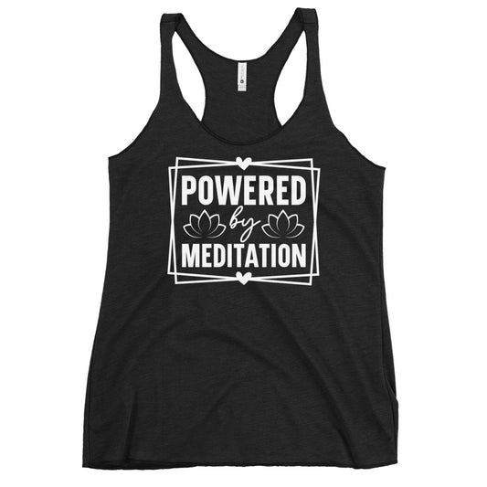Black racerback Yoga Tank, Yoga Shirt, Yoga Apparel with white Powered by Meditation text and lotus design
