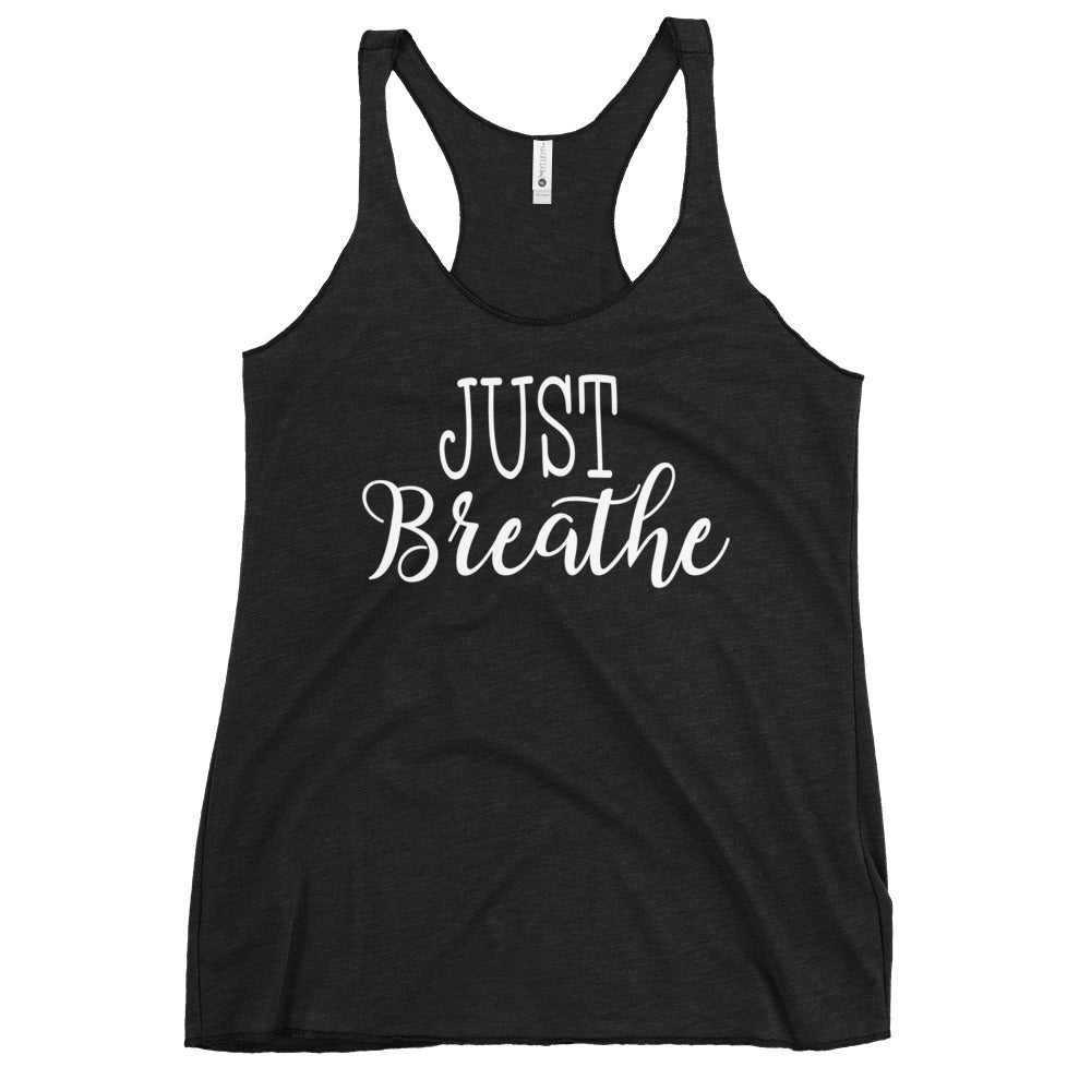 Soul Flow Yoga Store black racerback tank top with Just Breathe script for meditation Yoga Tank, Yoga Shirt, Yoga Apparel