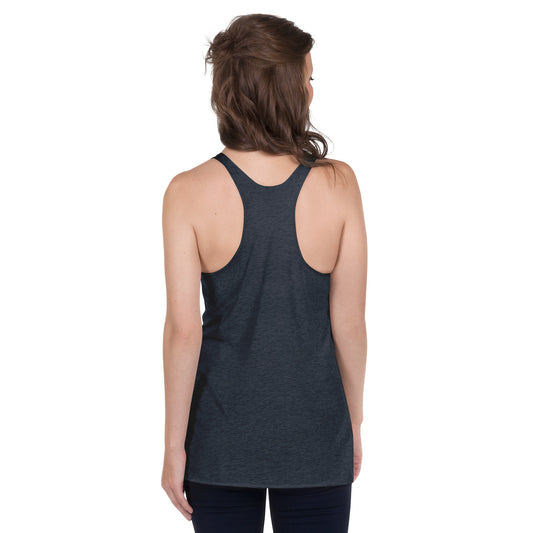Back view of woman wearing dark charcoal racerback tank top from Soul Flow Yoga Store Yoga Tank, Yoga Shirt, Yoga Apparel