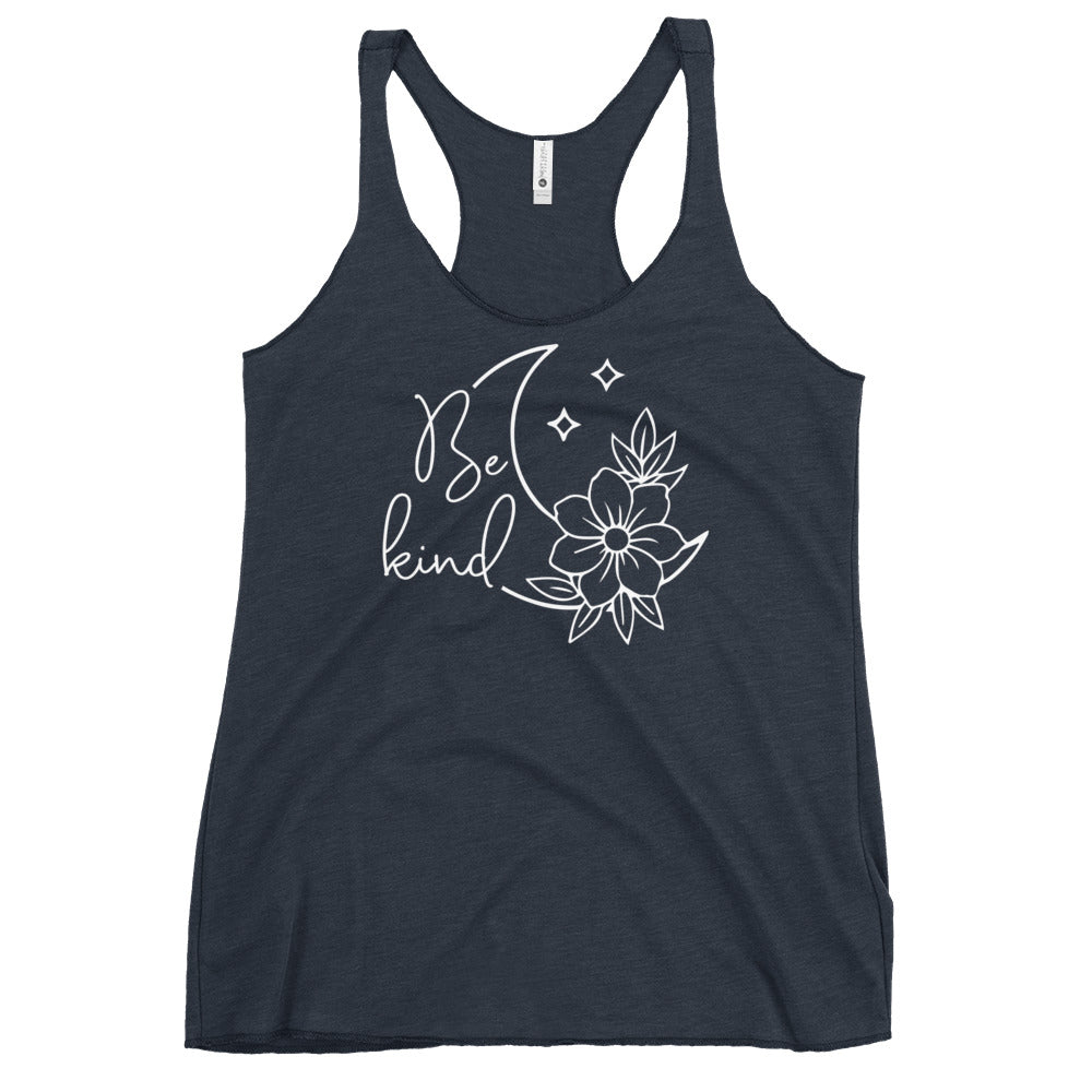 Soul Flow Yoga Store navy racerback tank with white Be kind moon and flower print Yoga Tank, Yoga Shirt, Yoga Apparel