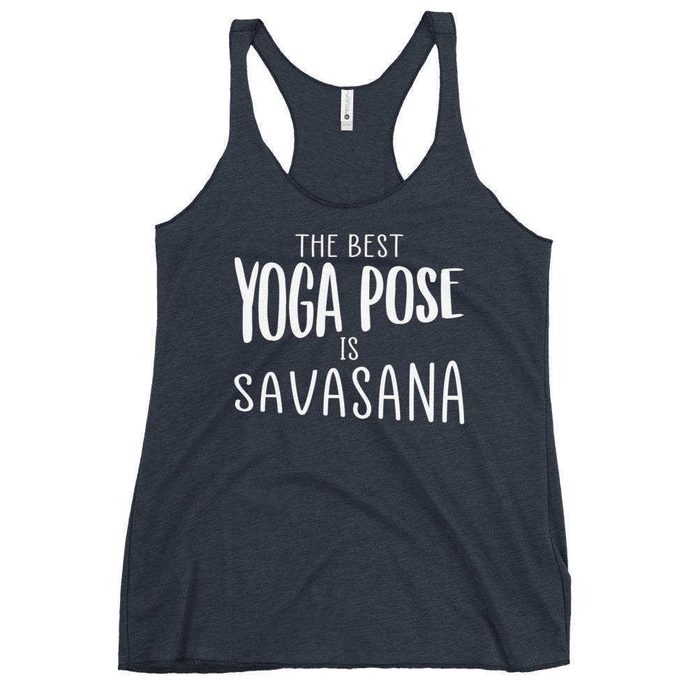 Soul Flow Yoga Store navy racerback tank with white text The best YOGA POSE is SAVASANA Yoga Tank, Yoga Shirt, Yoga Apparel