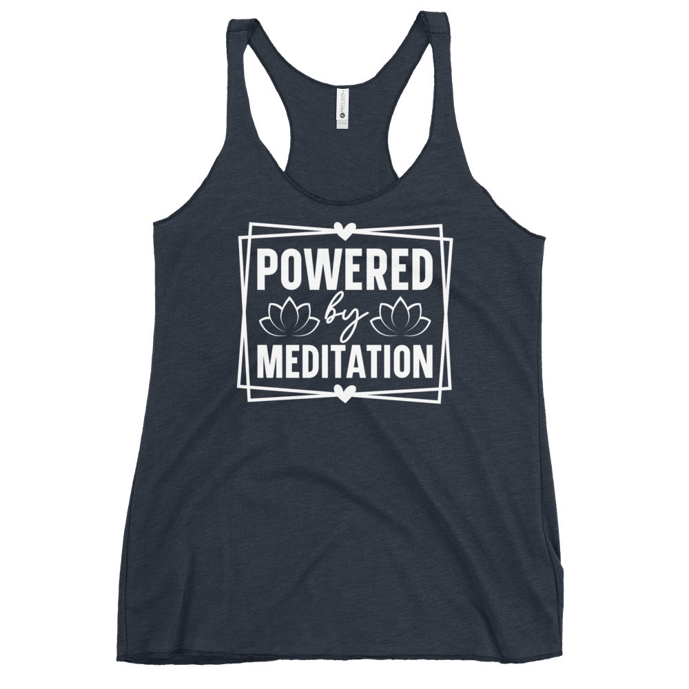Dark navy racerback Yoga Tank, Yoga Shirt, Yoga Apparel with Powered by Meditation white print and lotus design