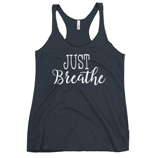 Soul Flow Yoga Store navy racerback tank with Just Breathe script print Yoga Tank Yoga Shirt Yoga Apparel