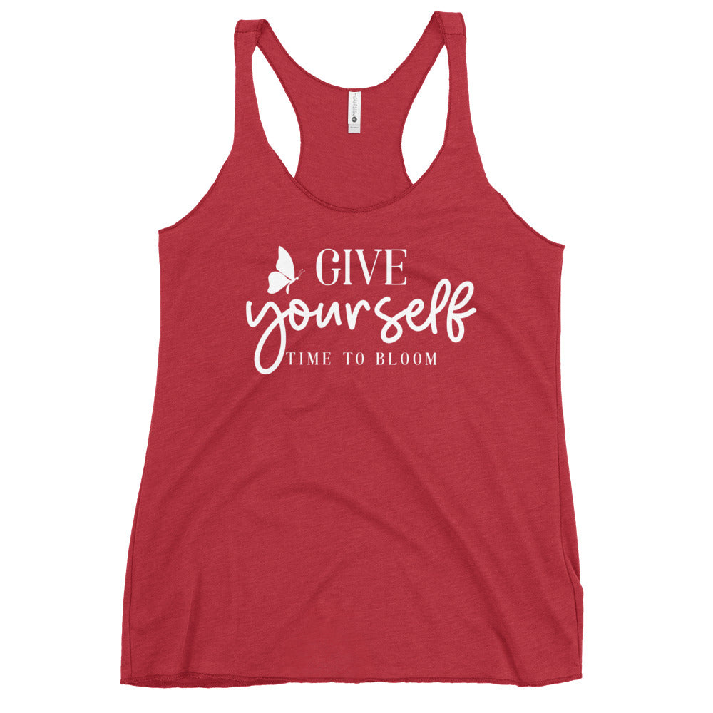 Red racerback tank with white Give Yourself Time to Bloom butterfly graphic Yoga Tank, Yoga Shirt, Yoga Apparel