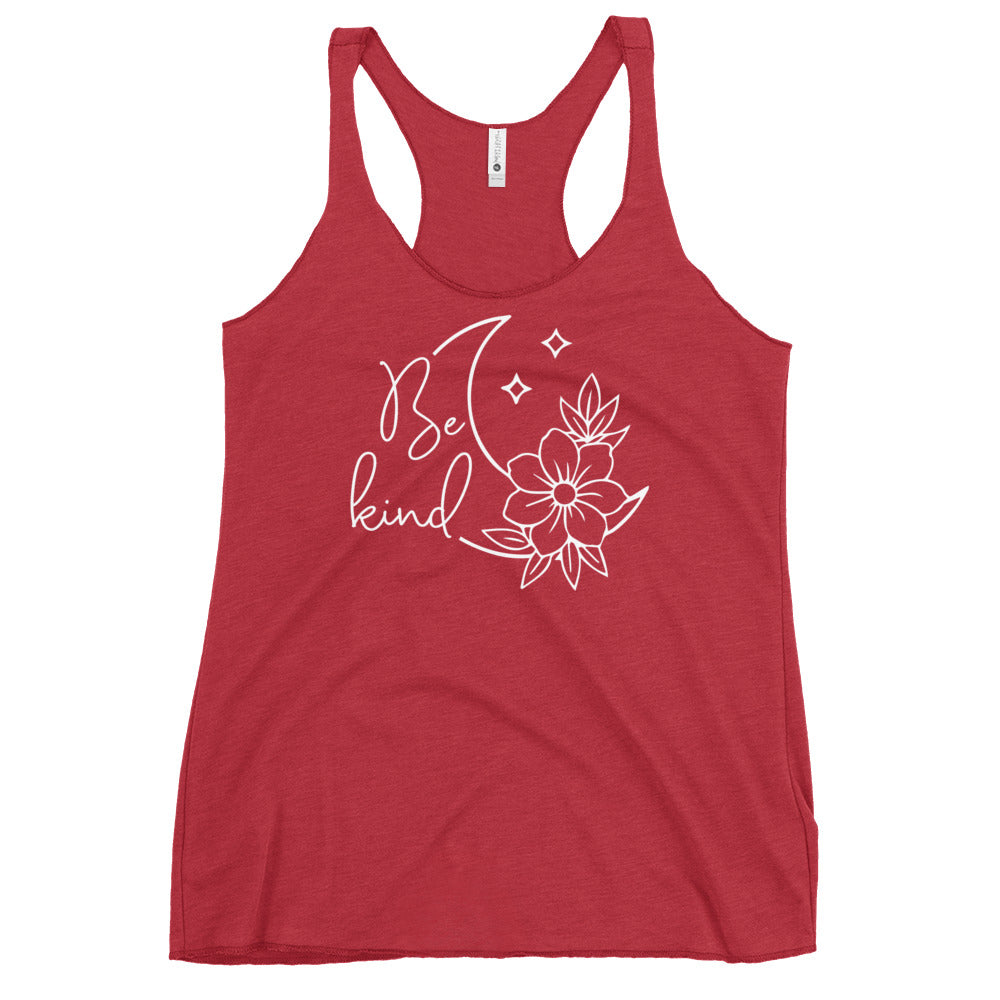 Red racerback tank with white Be kind moon and flower print from Soul Flow Yoga Store Yoga Tank, Yoga Shirt, Yoga Apparel
