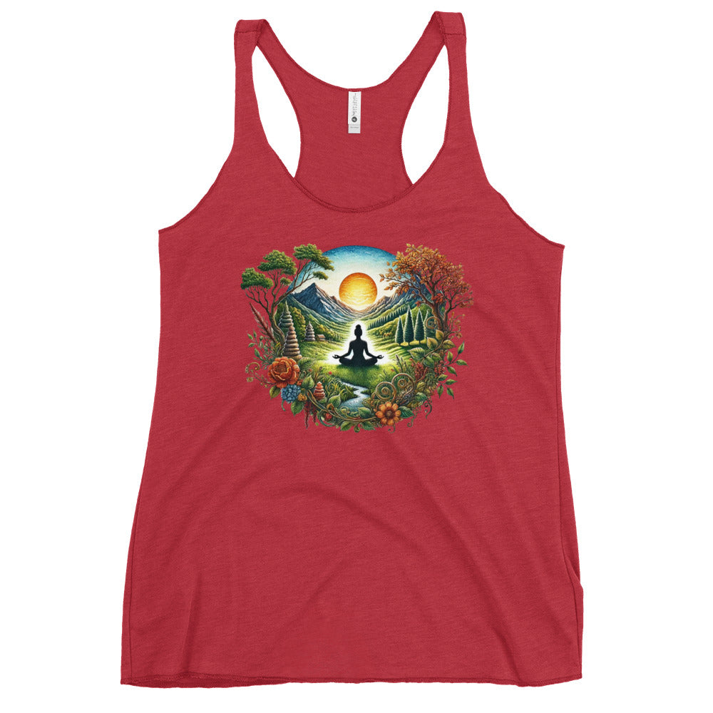 Red racerback Yoga Tank, Yoga Shirt, Yoga Apparel with meditating silhouette and sunrise nature wreath design