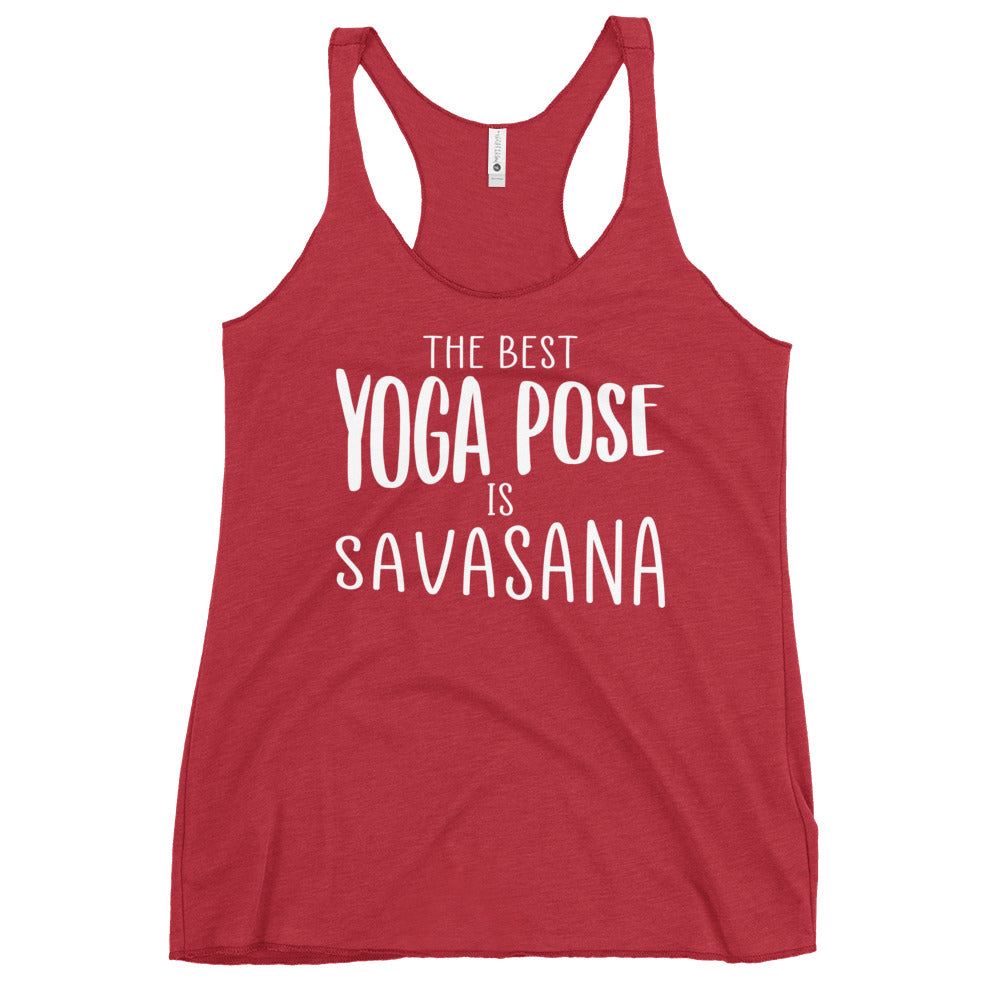 Red racerback tank with white slogan The best yoga pose is savasana Soul Flow Yoga Store Yoga Tank, Yoga Shirt, Yoga Apparel