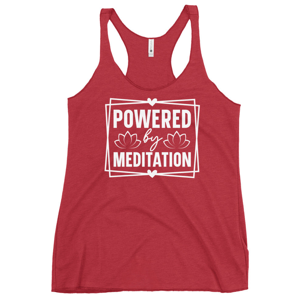 Red racerback tank with Powered by Meditation white print and lotus design, Yoga Tank, Yoga Shirt, Yoga Apparel