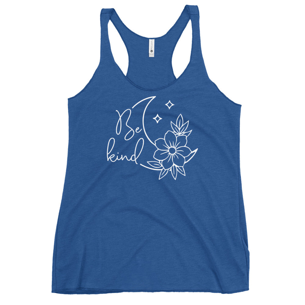 Soul Flow blue racerback tank with white Be kind moon and floral graphic Yoga Tank, Yoga Shirt, Yoga Apparel