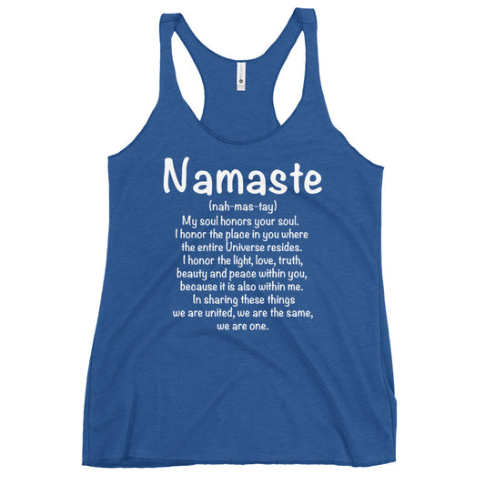 Blue racerback tank top with white Namaste poem print from Soul Flow Yoga Store Yoga Tank, Yoga Shirt, Yoga Apparel