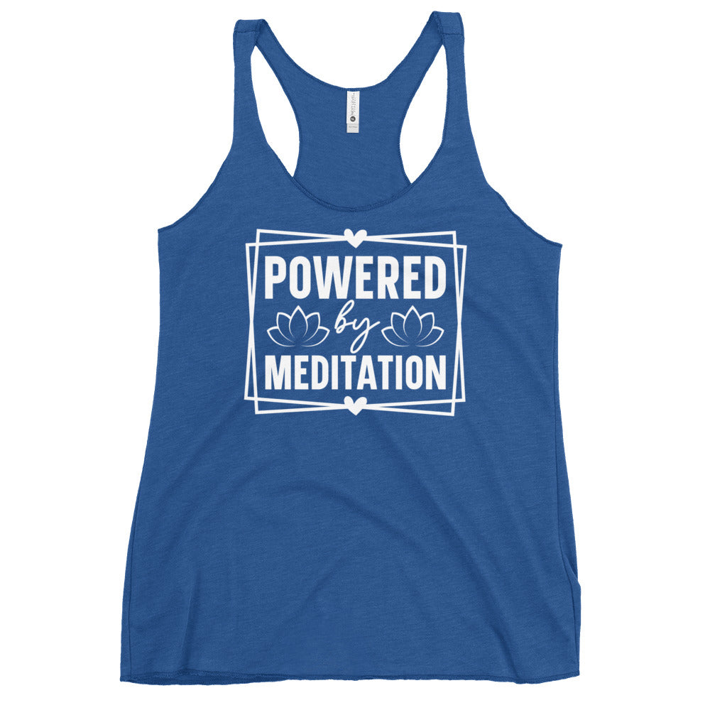 Blue racerback tank with Powered by Meditation white print and lotus graphics Yoga Tank, Yoga Shirt, Yoga Apparel